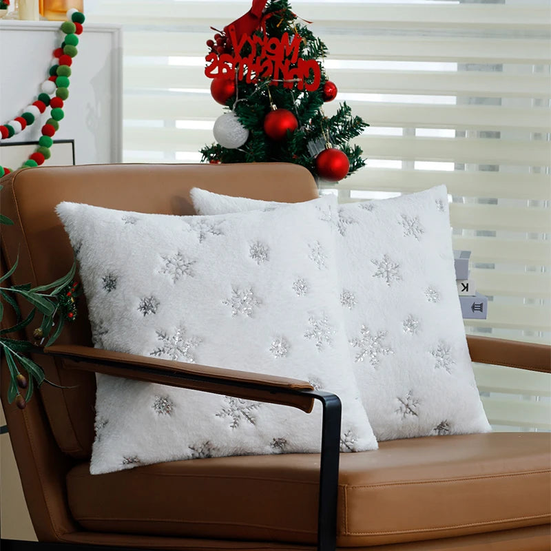 Cushion Cover Christmas Silver Irregular Snowflake Faux Fur Pillow Cover For Sofa Decoration Christmas Decoration Pillowcase