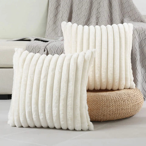 Elegant White Striped Cushion Cover – 45x45cm Super-Soft Plush Pillowcase for Luxe Home & Car Decor