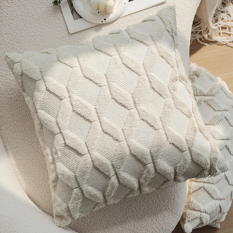 Beige Plush Cushion Cover – Diamond Pattern Pillow Cover for Sofa & Home