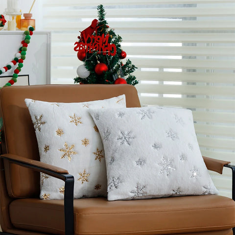 Elegant Christmas Snowflake Cushion Cover – 45x45cm Plush White Faux Fur Accent for Luxe Living Room Decor