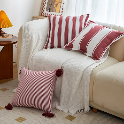 Designer Red & White Plaid Tassel Cushion Cover – Handwoven 45x45cm Pillowcase for Luxe Interiors & Timeless Elegance