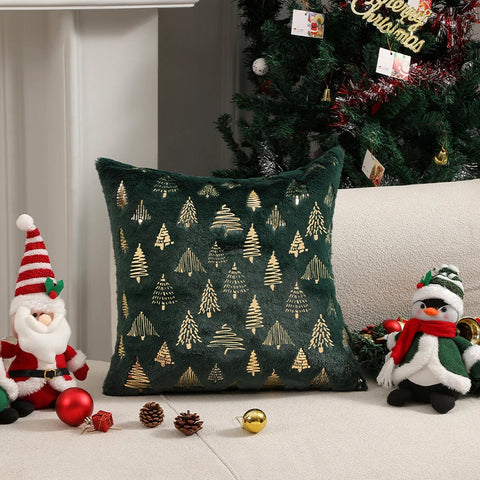 Cushion Cover Christmas Supplies Plush Beige Hot Stamping Pillowcase for Living Room Sofa Party Home Decor Pillow Cover