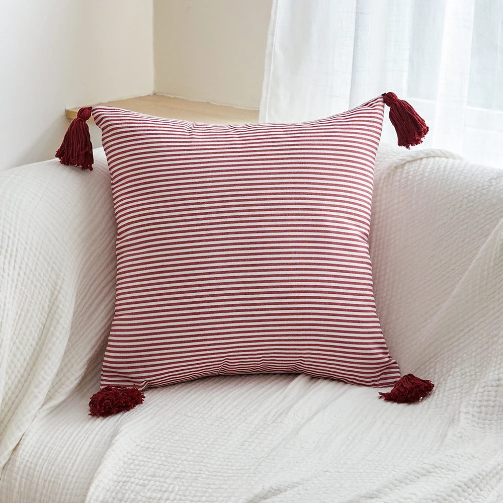 Designer Red & White Plaid Tassel Cushion Cover – Handwoven 45x45cm Pillowcase for Luxe Interiors & Timeless Elegance