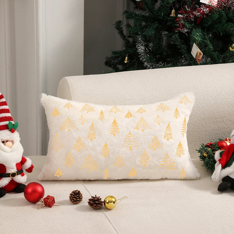 Cushion Cover Christmas Supplies Plush Beige Hot Stamping Pillowcase for Living Room Sofa Party Home Decor Pillow Cover