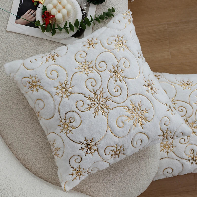 Elegant Christmas Snowflake Cushion Cover – 45x45cm Plush White Faux Fur Accent for Luxe Living Room Decor