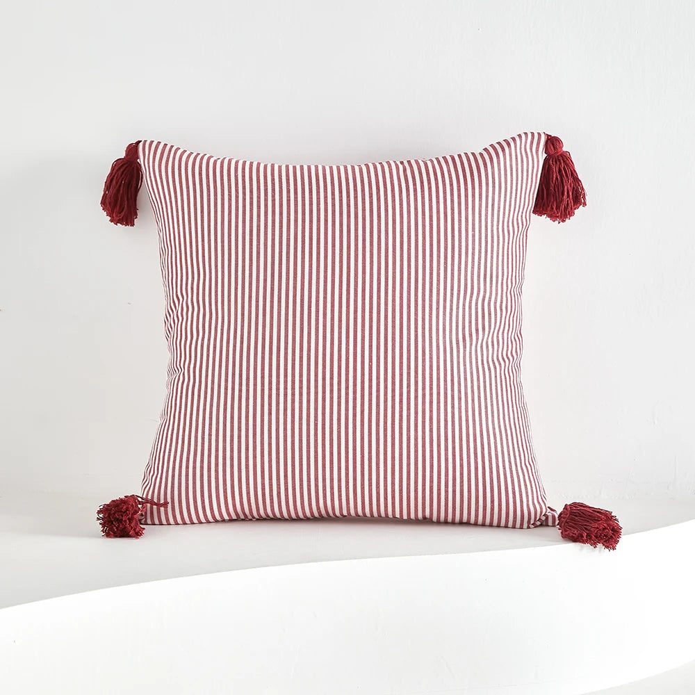 Designer Red & White Plaid Tassel Cushion Cover – Handwoven 45x45cm Pillowcase for Luxe Interiors & Timeless Elegance