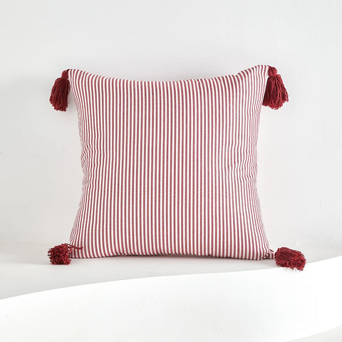 Designer Red & White Plaid Tassel Cushion Cover – Handwoven 45x45cm Pillowcase for Luxe Interiors & Timeless Elegance