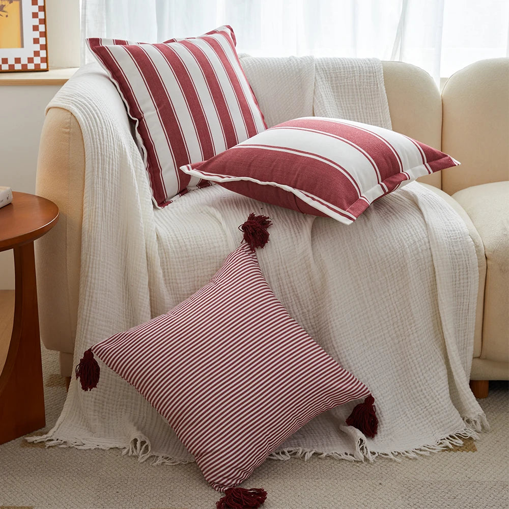 Designer Red & White Plaid Tassel Cushion Cover – Handwoven 45x45cm Pillowcase for Luxe Interiors & Timeless Elegance