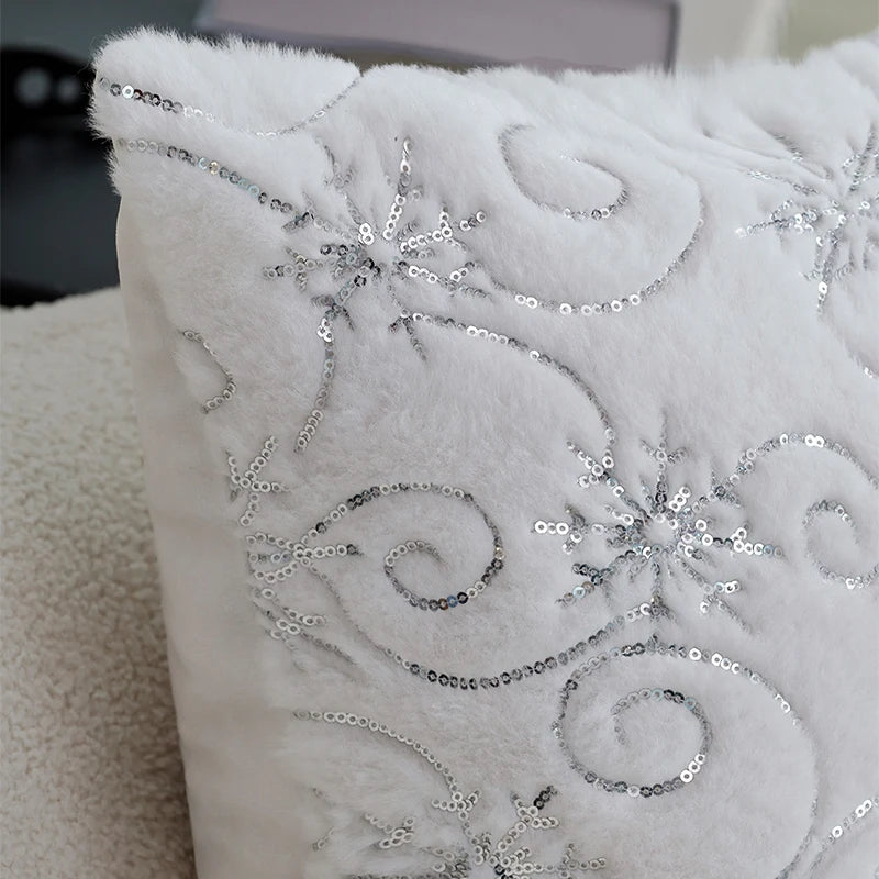 Cushion Cover Christmas Silver Irregular Snowflake Faux Fur Pillow Cover For Sofa Decoration Christmas Decoration Pillowcase