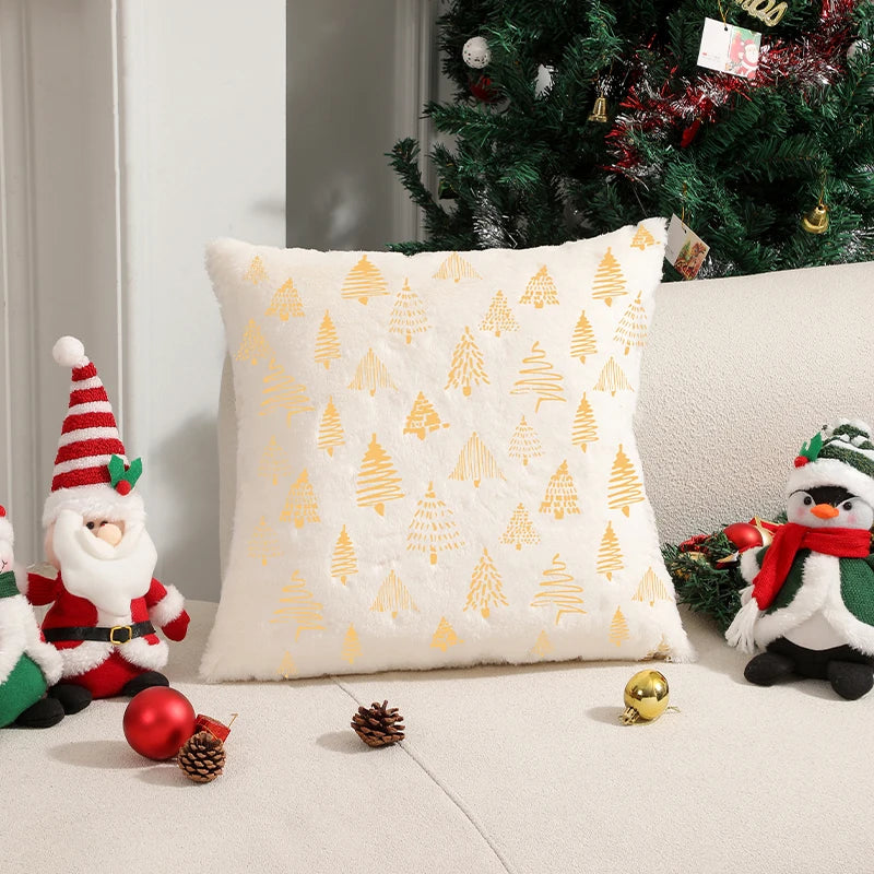 Cushion Cover Christmas Supplies Plush Beige Hot Stamping Pillowcase for Living Room Sofa Party Home Decor Pillow Cover