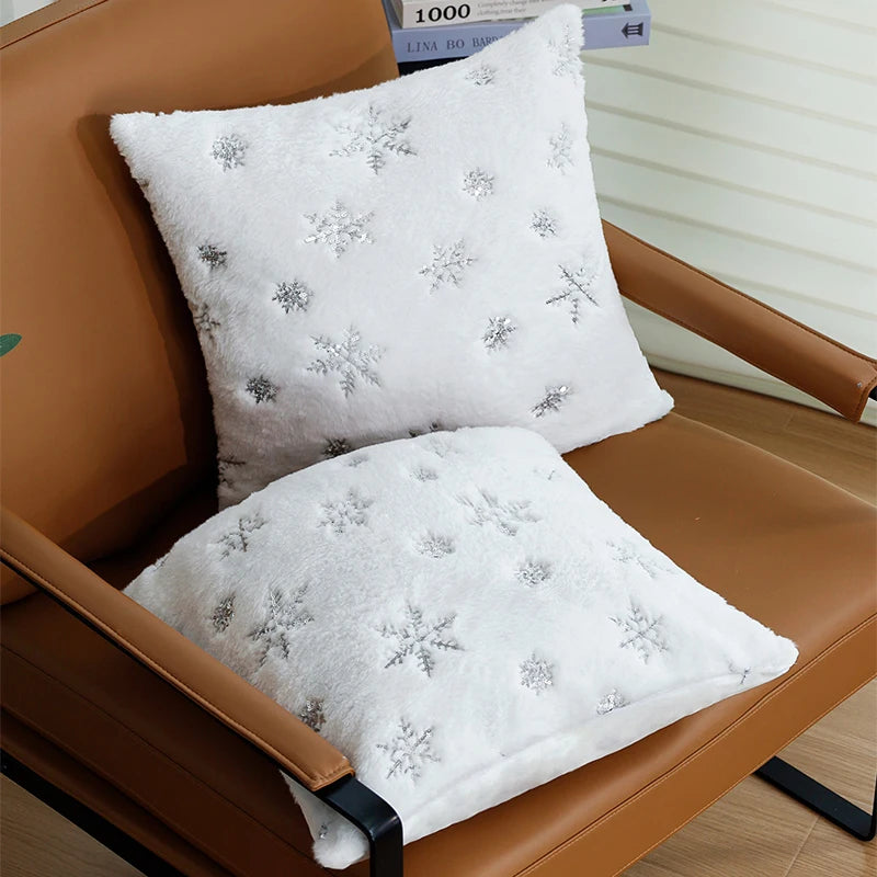 Cushion Cover Christmas Silver Irregular Snowflake Faux Fur Pillow Cover For Sofa Decoration Christmas Decoration Pillowcase