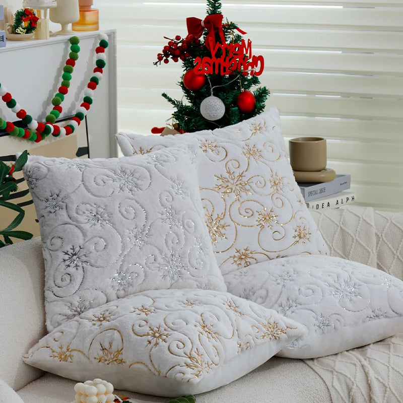 Elegant Christmas Snowflake Cushion Cover – 45x45cm Plush White Faux Fur Accent for Luxe Living Room Decor