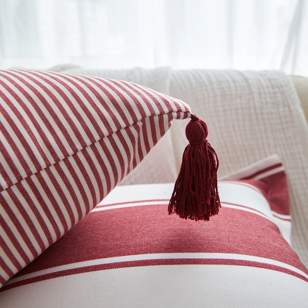 Designer Red & White Plaid Tassel Cushion Cover – Handwoven 45x45cm Pillowcase for Luxe Interiors & Timeless Elegance