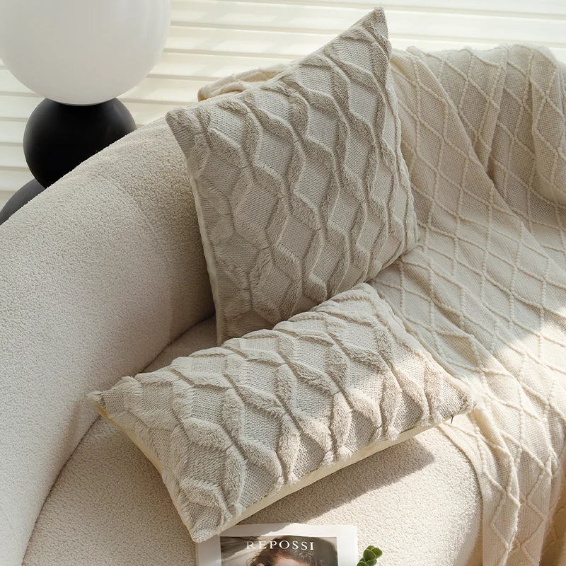 Beige Plush Cushion Cover – Diamond Pattern Pillow Cover for Sofa & Home