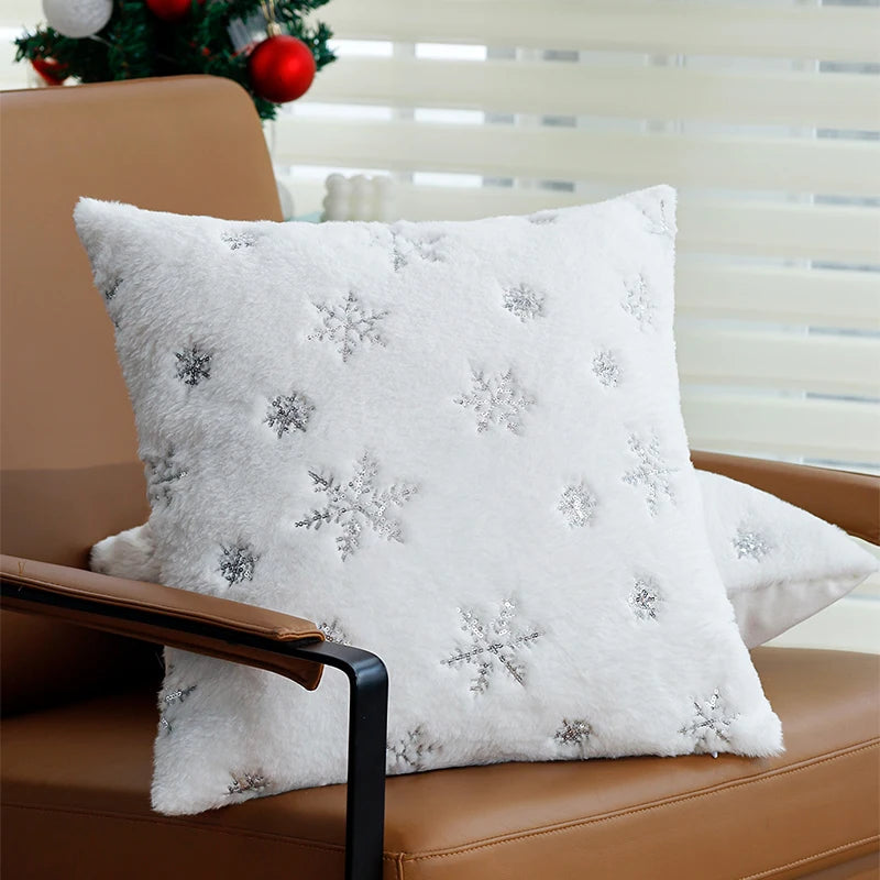 Elegant Christmas Snowflake Cushion Cover – 45x45cm Plush White Faux Fur Accent for Luxe Living Room Decor